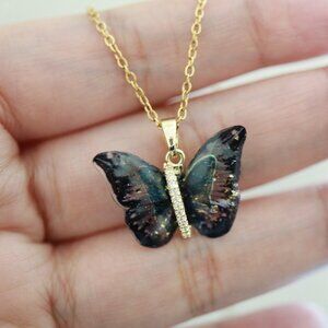 Butterfly Pendant Black/Purple CZ Necklace 18k Gold Plated Stainless Steel